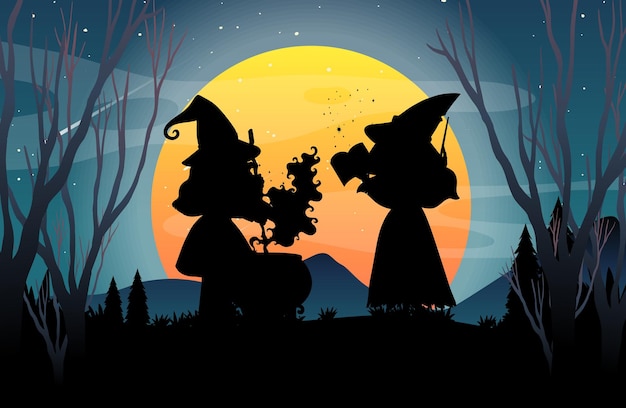 Free vector halloween night background with witch silhouette