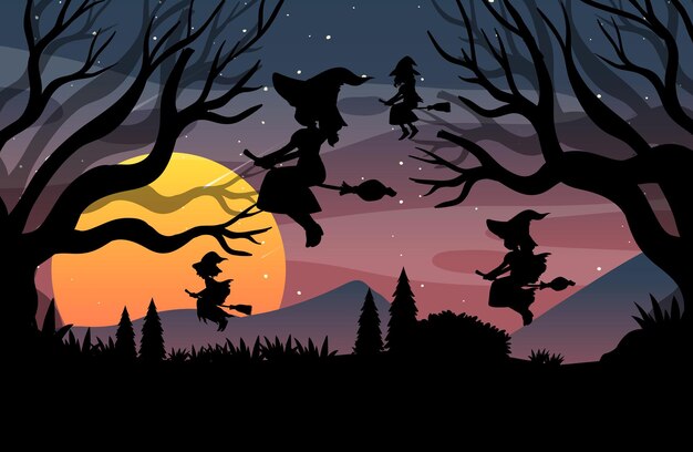 魔女のシルエットとハロウィーンの夜の背景