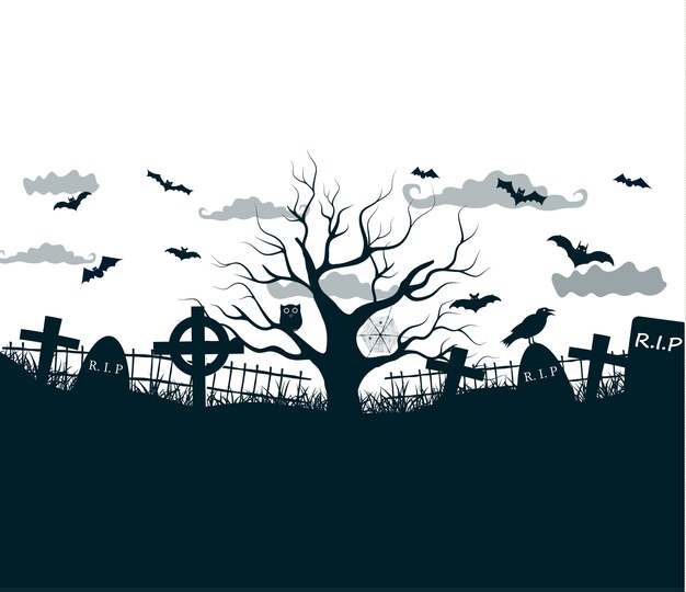 Halloween night illustration in black, white, grey colors with dark cemetery crosses, dead tree and bats