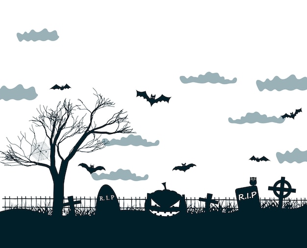 Halloween night illustration in black, white, grey colors with dark cemetery crosses, dead tree, smiling pumpkins and bats