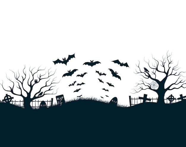 Vettore gratuito illustrazione di notte di halloween con croci del cimitero del castello scuro, alberi morti e pipistrelli