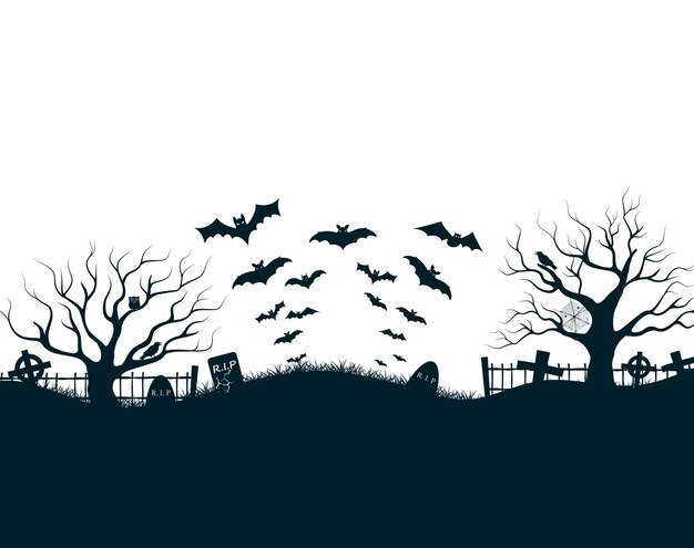어두운 성 묘지 십자가, 죽은 나무와 박쥐와 할로윈 밤 그림