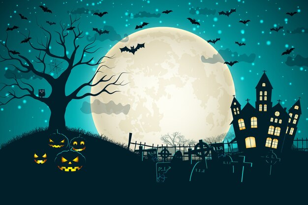 輝くカボチャのヴィンテージの城と墓地のフラットの上を飛んでいるコウモリとハロウィーンの夜の月の構成