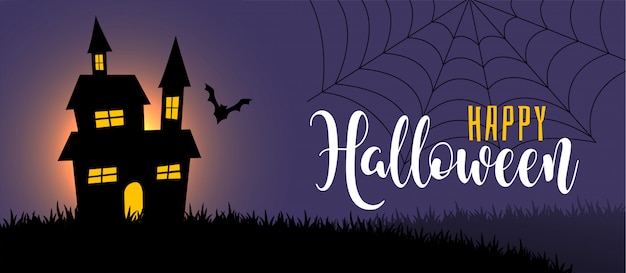 Хэллоуин ночная сцена с домом и летучей мышью