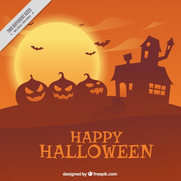 Free vector halloween orange background of pumpkins and haunted house