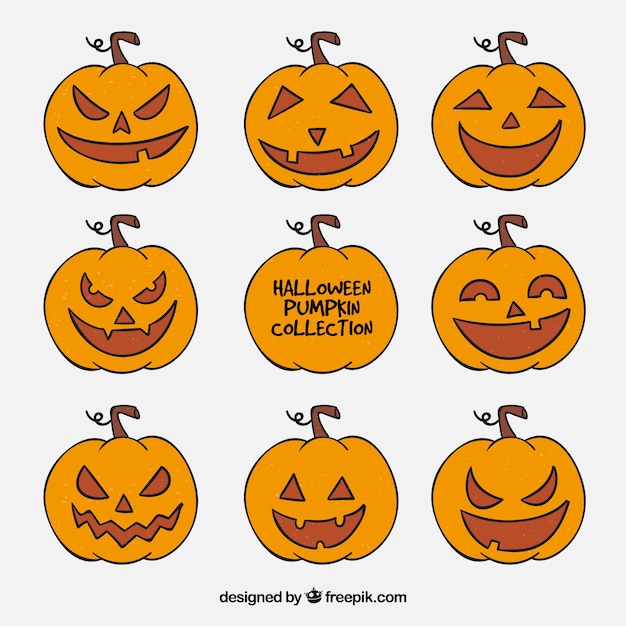 Free vector halloween pack with hand drawn pumpkins