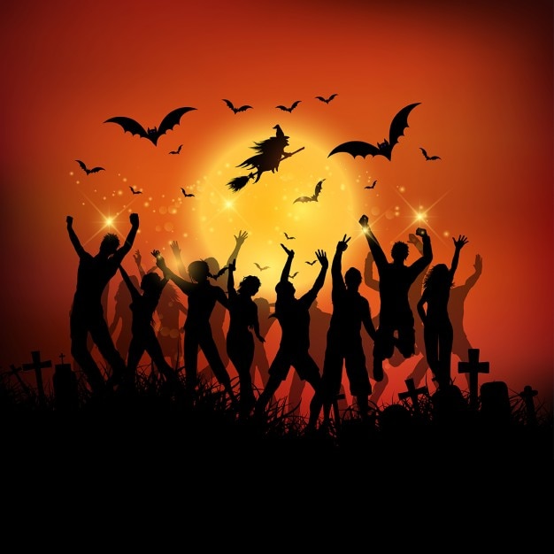 Free vector halloween party background with silhouettes of people dancing