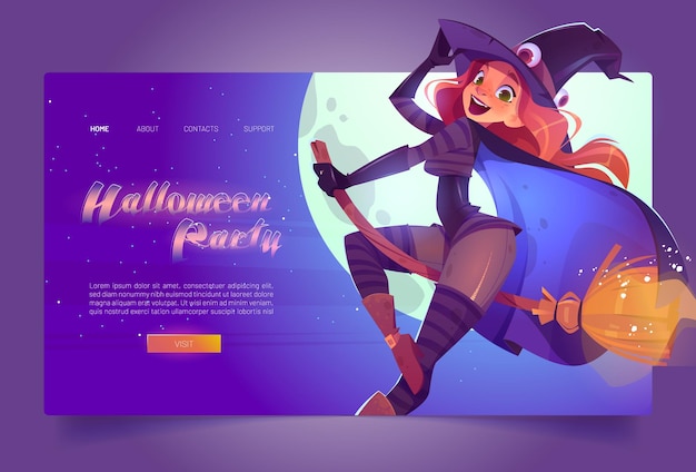 Halloween party banner with witch on broom