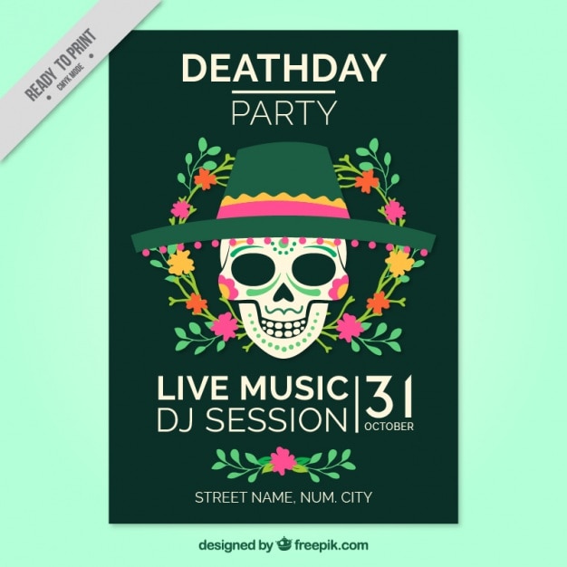 Free vector halloween party brochure of mexican floral skull