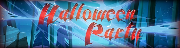 Halloween party cartoon banner with night wood