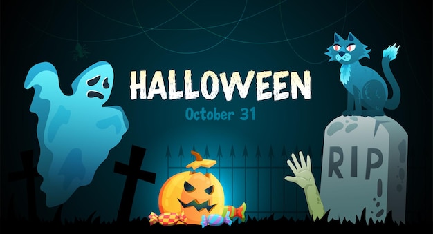 Хэллоуин жуткий опыт горизонтальный плакат с жутким привидениями кладбище надгробие призрак тыква голова кошка