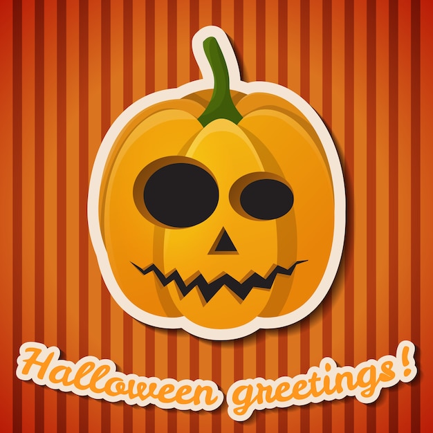 Free vector halloween party festive poster with paper inscription and evil scary pumpkin on orange striped background