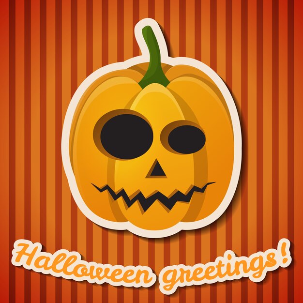 Halloween party festive poster with paper inscription and evil scary pumpkin on orange striped background