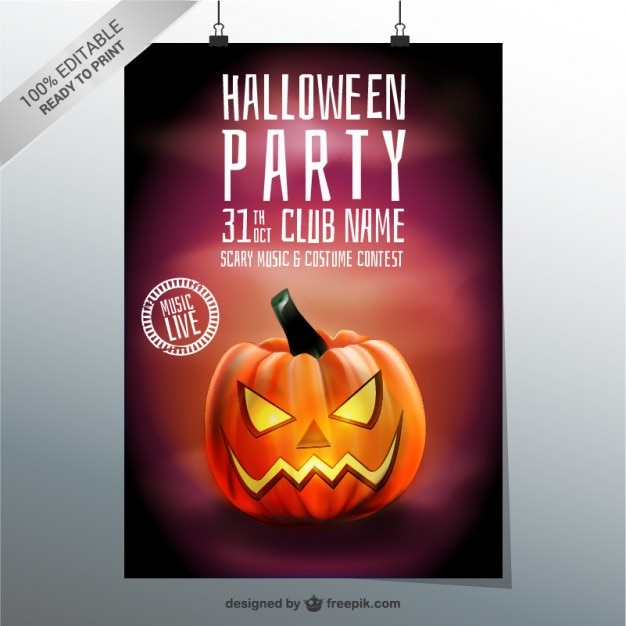 Free vector halloween party poster template with pumpkin