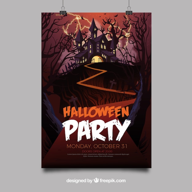 Vettore gratuito poster del partito di halloween con il castello