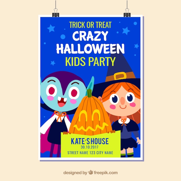 Halloween party poster with kids and pumpkins