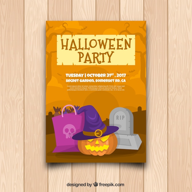 Free vector halloween party poster with pumpkin and tomb