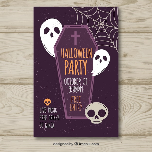 Halloween party poster with tomb and ghosts