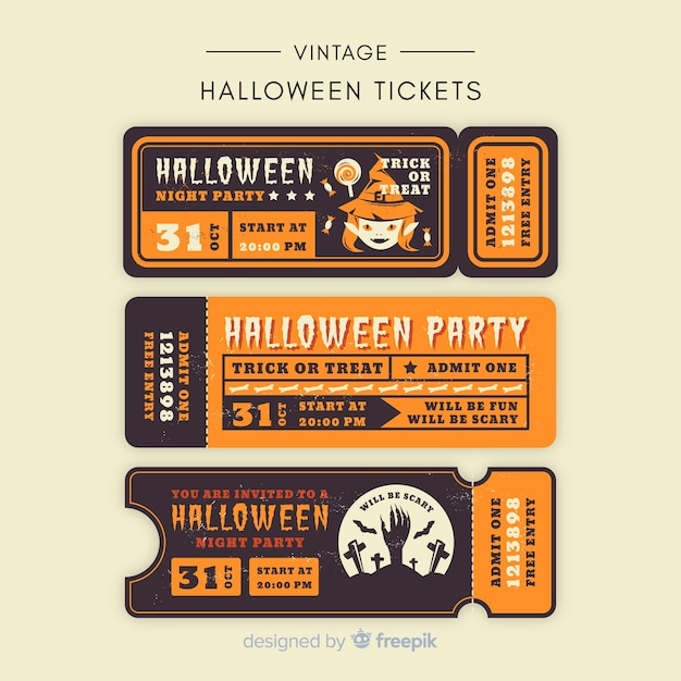 Free vector halloween party ticket collection with vintage design