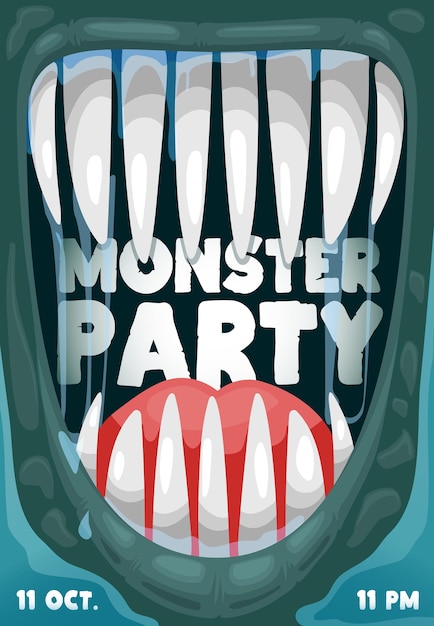 Halloween party vector poster with scary monster mouth and vampire teeth frame. halloween horror night holiday trick or treat dracula or alien monster with sharp fangs, cartoon invitation flyer design Premium Vector