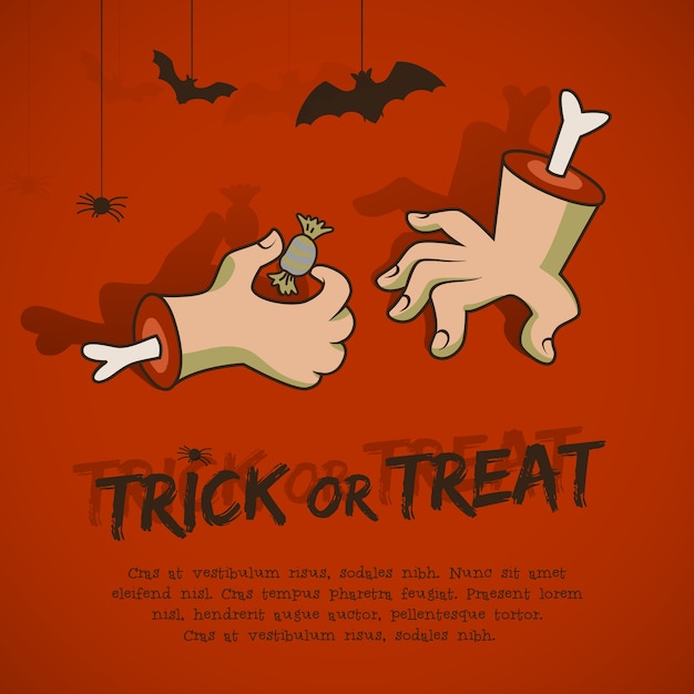 Free vector halloween phrase trick or treat with animals hands and candy on red background cartoon style