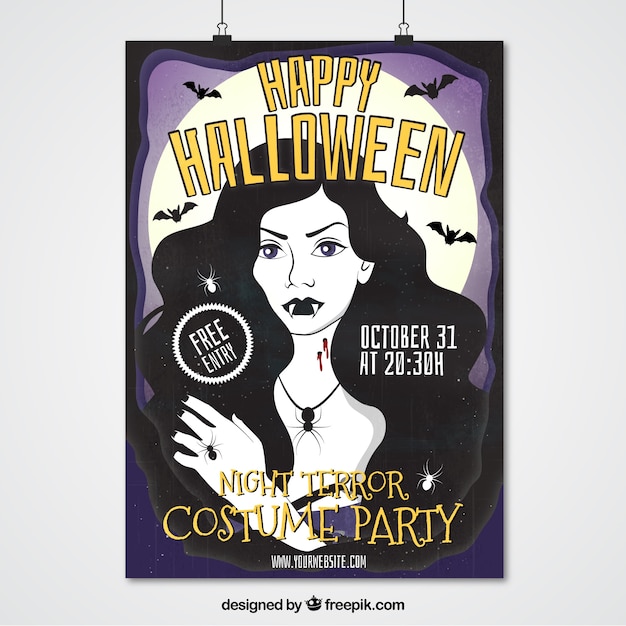 Free vector halloween poster of hand-drawn girl with fanges