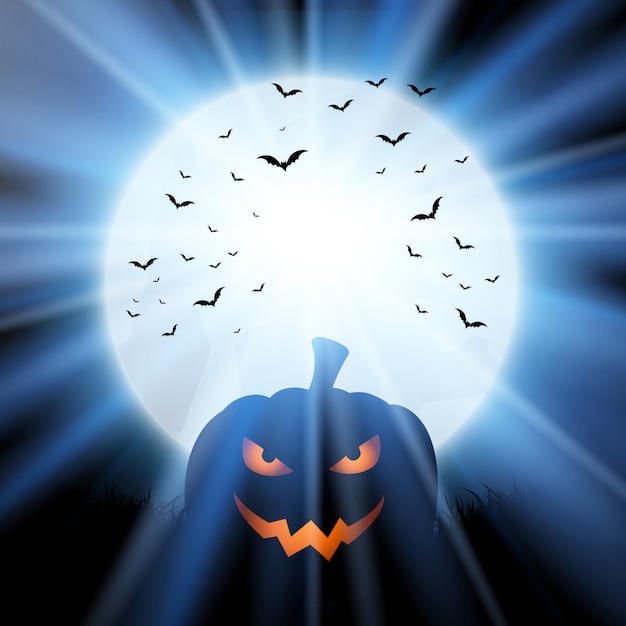 Free vector halloween pumpkin against a moon with bats