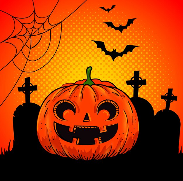 Halloween pumpkin in cemetery in pop-art style