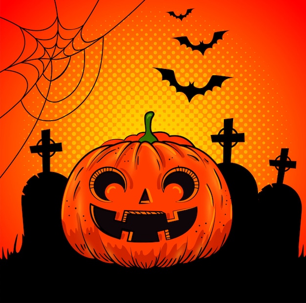 Хэллоуин тыква на кладбище в стиле поп-арт