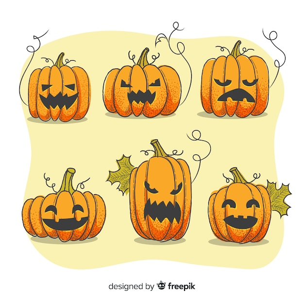 Vettore gratuito collezione di zucca di halloween con facce