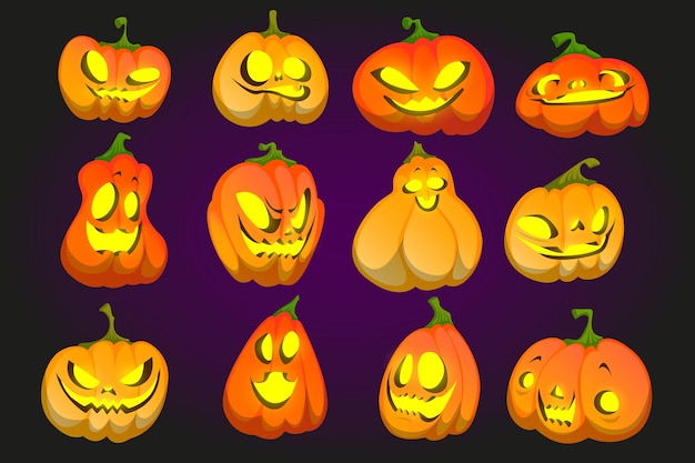 Halloween pumpkin funny faces, jack-o-lanterns set