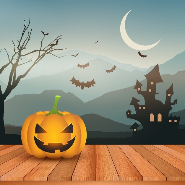 Бесплатное векторное изображение Хэллоуин тыква на деревянной палубе против жуткий пейзаж