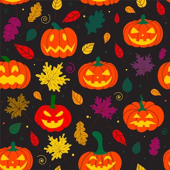 Halloween pumpkin pattern with autumn leaves