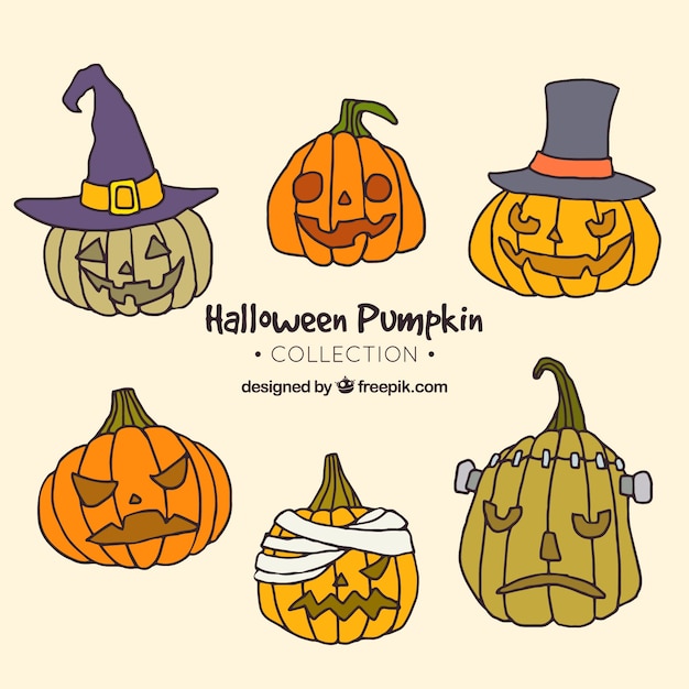 Vettore gratuito halloween zucche di diverse forme, colori, in cappelli da strega