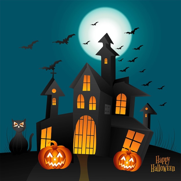 Halloween pumpkins spooky haunted house with moonlight background