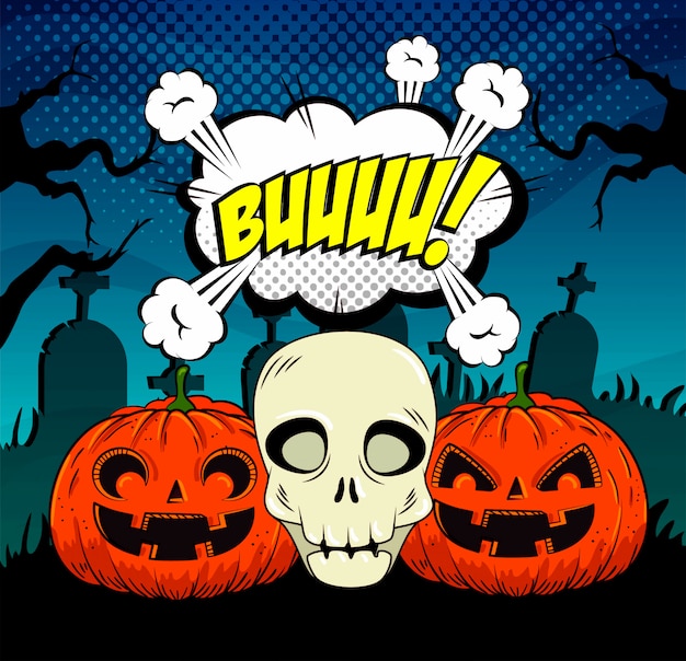 Halloween pumpkins with skull in pop-art style