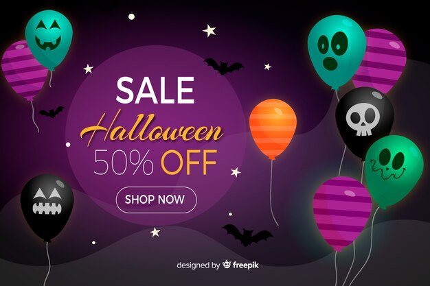 Halloween sale background with balloons in flat design
