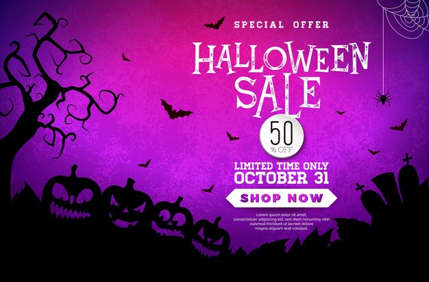 Хэллоуин распродажа баннерная иллюстрация с жутким кладбищем тыкв и летающими летучими мышами на таинственном фиолетовом б ...