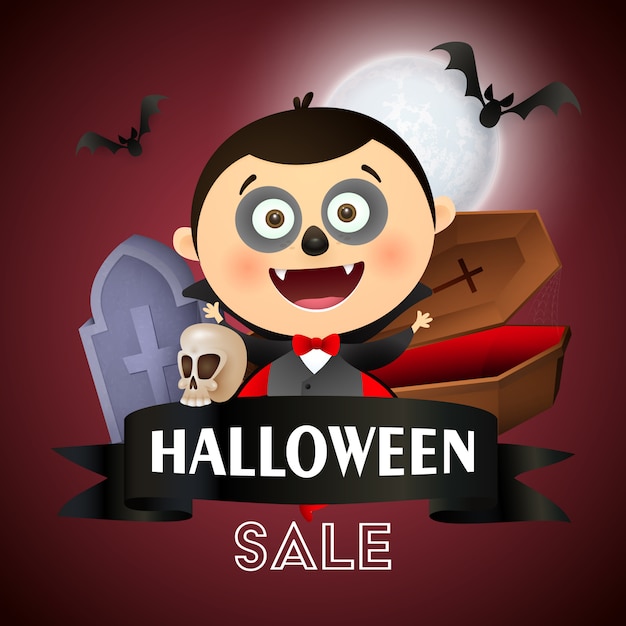 Halloween sale banner with dracula, coffin, grave and bat