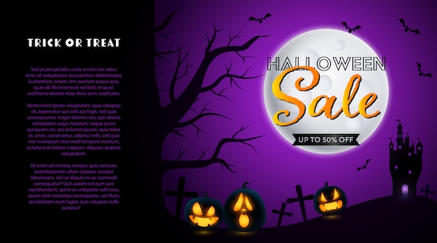 Halloween Sale banner with graveyard and moon