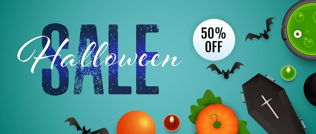 Halloween Sale, fifty percent off lettering, cauldron, potion