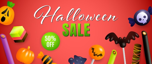 Free vector halloween sale, fifty percent off lettering with cute sweets