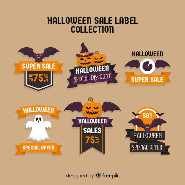 Collezione di etichette di vendita di halloween con design piatto