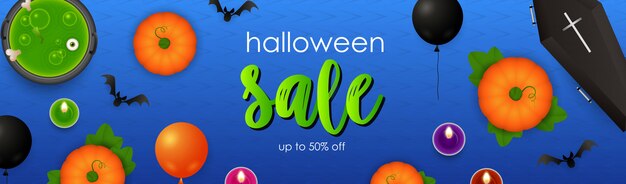 Halloween Sale lettering with potion, pumpkins and coffin