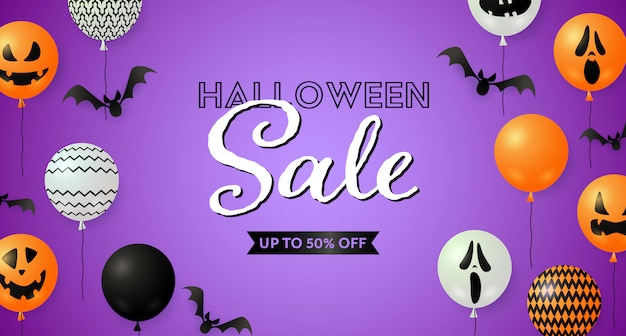 Halloween sale template with bats and balloons