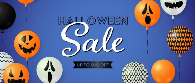 Halloween Sale, up to fifty percent off lettering with balloons