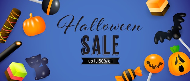 Free vector halloween sale, up to fifty percent off lettering with lollipops