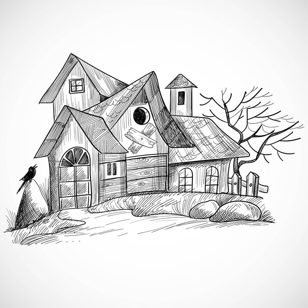 Halloween scary farmhouse hand draw sketch design
