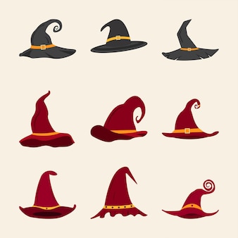 Хэллоуин страшный дизайн вектор шляпа ведьмы на белом фоне. вектор шляпы волшебника с черным и бордовым цветом. коллекция шляп ведьмы на хэллоуин со страшным волшебным дизайном.