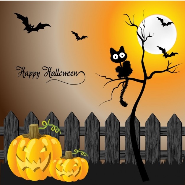 Free vector halloween scene with a black cat and two pumpkins